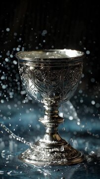 Ornate metal goblet with water splashing in and around it against dark background