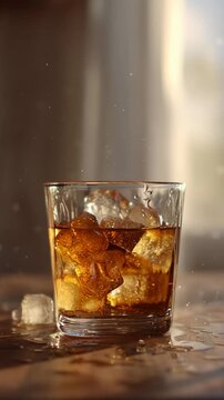 Amber liquid with ice cubes splashes and melts in a glass on a wet surface