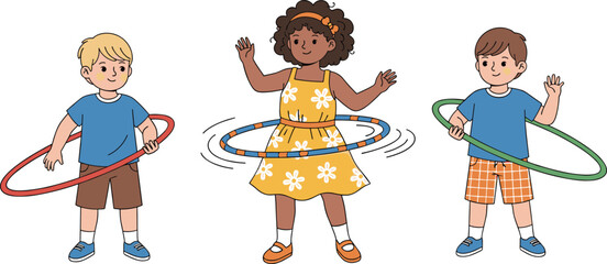 Cute cartoon illustration of diverse children playing with colorful hula hoops for active lifestyle physical education and healthy childhood play © Utpal