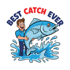 Fishing A man holding a large blue fish with a happy expression tshirt design