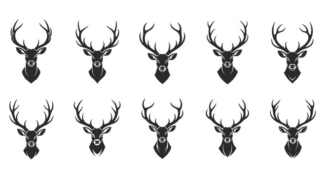 Set of symmetrical black deer head silhouettes with varied antler designs representing different species of stags and bucks.