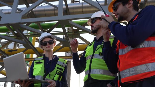 petroleum engineers evaluating hydrocarbon pipeline. Technical reviewing mechanical compliance at outdoor refinery. HSE professionals executing risk mitigation protocols at industrial pipeline grid.