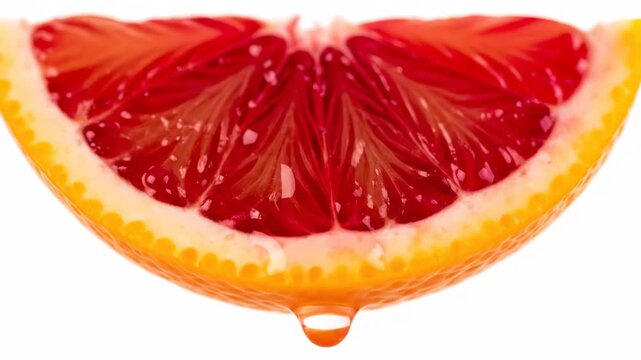 Juicy Blood Orange Slice with Dripping Juice on White Background.