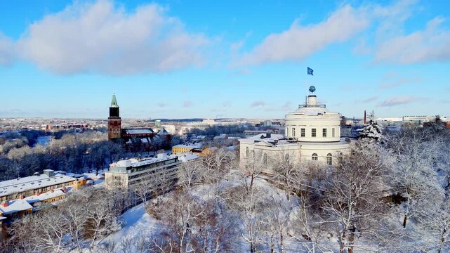 Aerial Orbit Shot of Vartiovuori Observatory in Winter, Turku, Finland