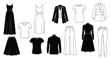 Fashion collection technical sketches of various clothing items in black and white