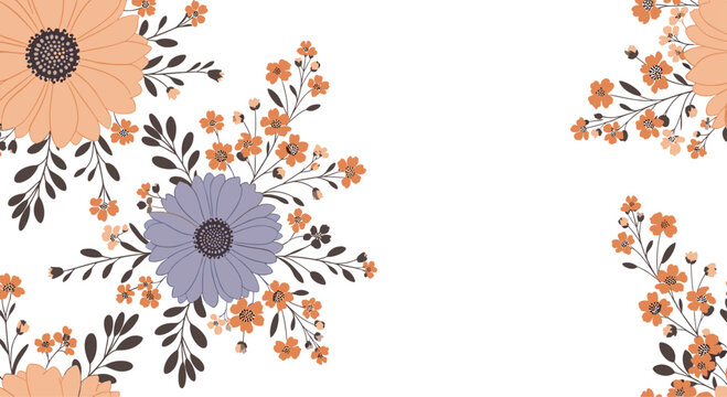 Elegant floral composition with large peach and purple sunflowers or daisies surrounded by smaller orange blossoms on a white base.