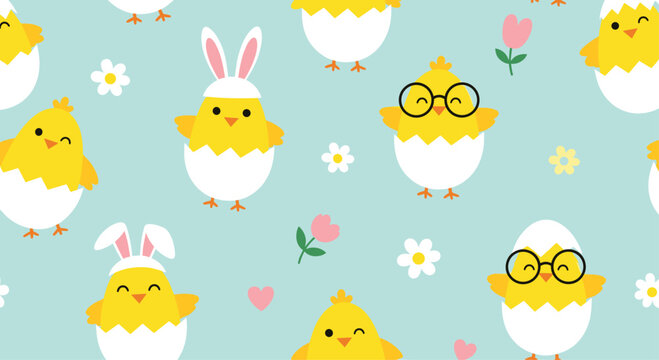 Adorable easter seamless pattern with yellow chicks in white eggshells wearing bunny ears and glasses on a light blue background.
