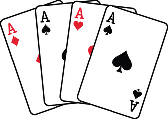 Four Aces Playing Cards Illustration, Poker Hand Casino Concept with Ace of Spades Hearts Diamonds Clubs, Isolated Vector Graphic for Gambling Design