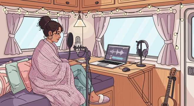 Young woman recording podcast in a cozy camper van.
