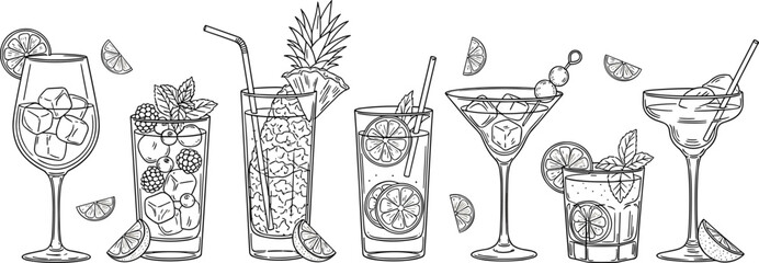 Collection of hand drawn summer cocktail and refreshing drink illustrations featuring tropical garnishes, ice cubes, fruit slices, and elegant glassware. © ferdousi