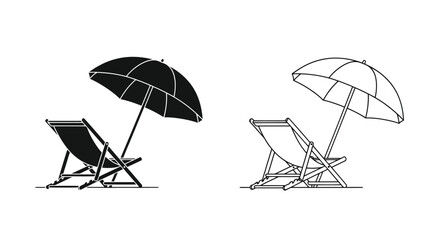 Two beach chair and umbrella illustrations in black and white © Tm Studio
