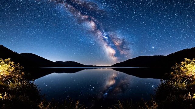 night sky with milky way over lake