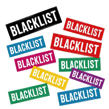 A collection of colorful blacklist labels scattered on a white background.