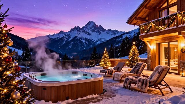 Snowy mountain cabin with hot tub