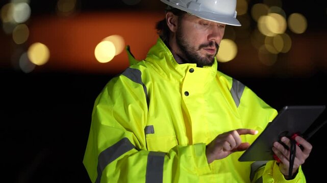 Professional male industrial manager working late night shift with digital tablet outdoor. Confident engineer wearing safety uniform in dark plant with bokeh background.