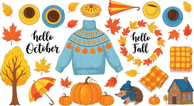 Hello October Autumn Elements Set With Pumpkin Sweater Leaves And Cozy Fall Decorations