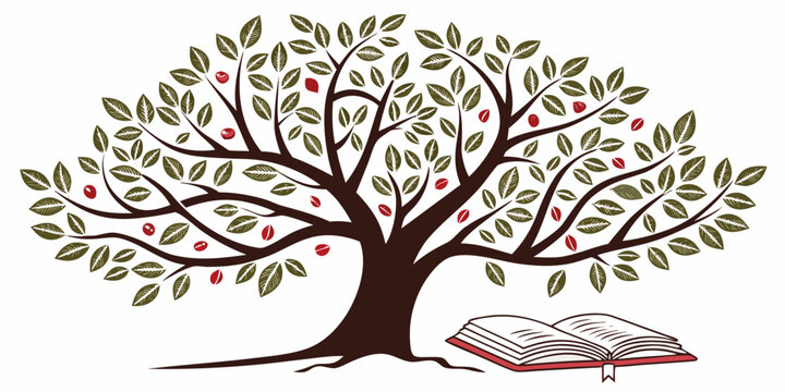 Ancient tree symbolizing wisdom and knowledge with an open book at its roots