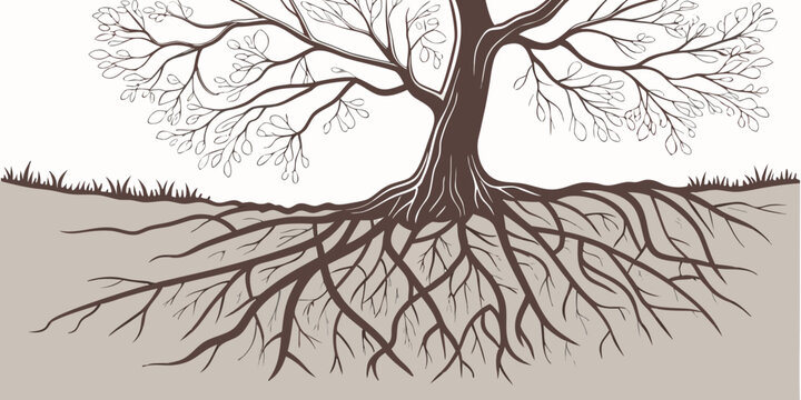 An illustration of a tree with extensive root system beneath the ground