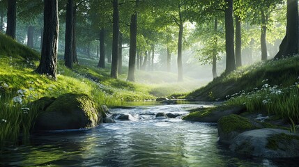 Obraz premium A forest river gently flowing through a peaceful woodland, surrounded by towering trees and vibrant green moss, 