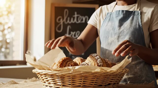 Baker arranges fresh croissant in basket at bakery shop. Woman baker places pastry in wicker basket. Fresh croissant display at bakery. Baker with apron arranges pastry for gluten free display.