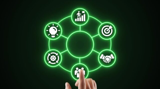 MDM Master Data Management Concept with Glowing Green Icons Representing Strategy Innovation Collaboration Growth and Process Automation for Digital Business Success.