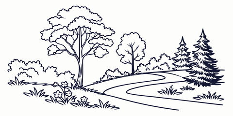 Fototapeta premium A serene winding path through a tranquil forest landscape with scattered trees and bushes.