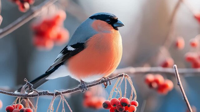 Close up of bullfinch perched on branch with red berries in winter sunlight