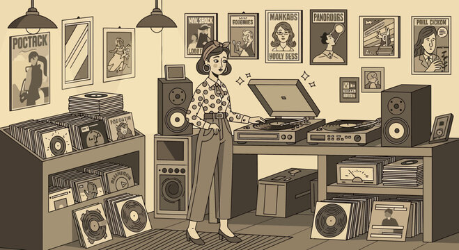 Woman enjoying music in a vintage record store.