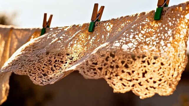 Lace fabric hanging on clothesline