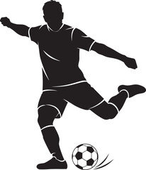 Naklejka premium Dynamic black silhouette of a soccer player striking a ball with powerful momentum. Perfect for football club branding, tournament logos, and athletic apparel. High-quality minimalist vector art.