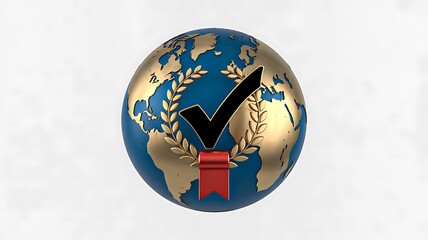 Globe with check mark seal representing global approval concept isolated on white background