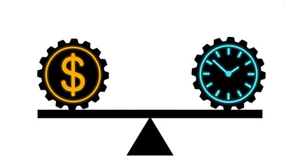 Money and time balance concept with dollar and clock icons on scale
