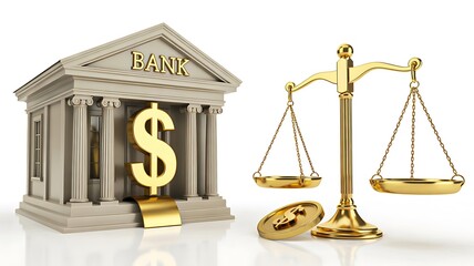 Bank building with dollar sign and justice scale isolated on white background