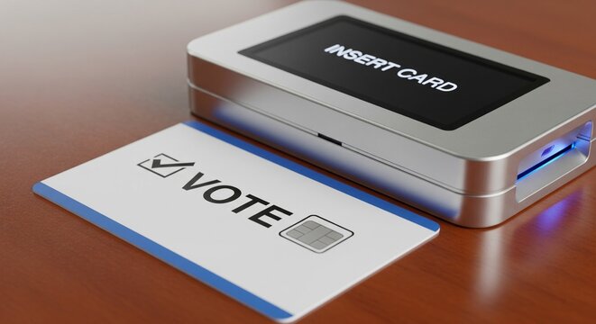 A white smart card labeled "VOTE" next to a silver card reader with an "INSERT CARD" screen