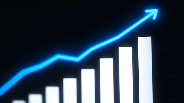 Abstract glowing blue line rising above bar charts on dark background