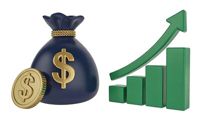 Money bag with dollar sign and financial growth chart isolated on white background