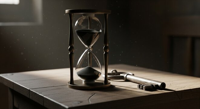An antique-style hourglass with dark sand sits on a wooden table next to an old metal key. The scene is lit by soft sunlight, suggesting themes of time, waiting, and finding solutions