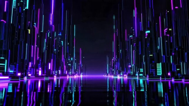 Futuristic Cyberpunk Cityscape with Glowing Neon Vertical Lights