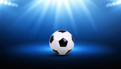 Naklejka premium Soccer ball centered under stadium lights, professional sport, football game atmosphere, bright spotlight.