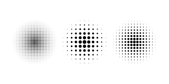 Halftone gradient circles collection. Dots textured round patterns. Cartoon comic radial faded background set. Abstract pixelated elements for frame  poster  collage  banner  flyer. Vector bundle