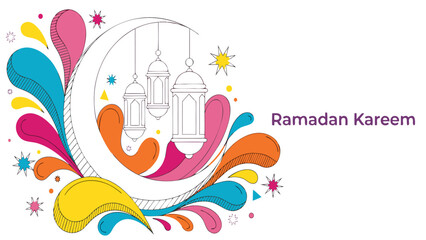 Naklejka premium A colorful Ramadan Kareem vector graphic illustration with a crescent moon and lanterns