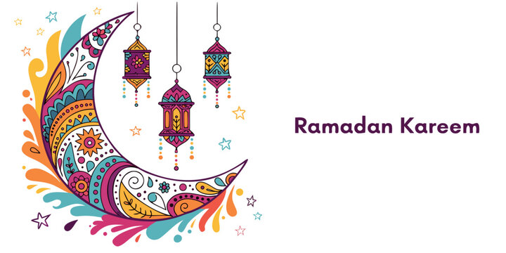 A colorful vector graphic illustration of a crescent moon with lanterns for Ramadan Kareem