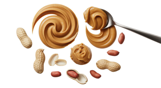 Peanut butter with peanuts and spoon on white background isolated on a transparent background