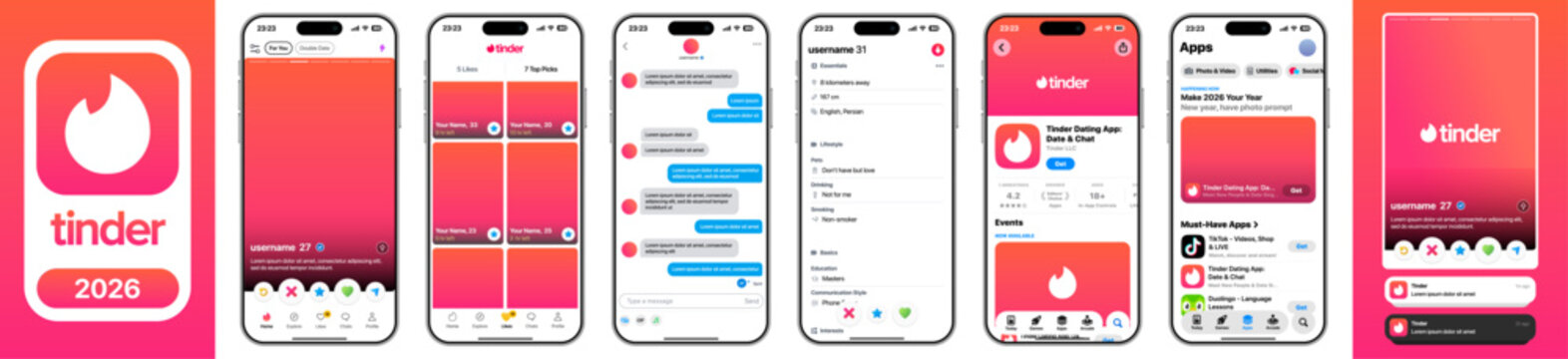 Tinder 2026 Mobile App UI Mockup Showing Swipe Cards Matches Chat Messages Notification Settings Profile Screens App Store Listing and iPhone Dating Interface
