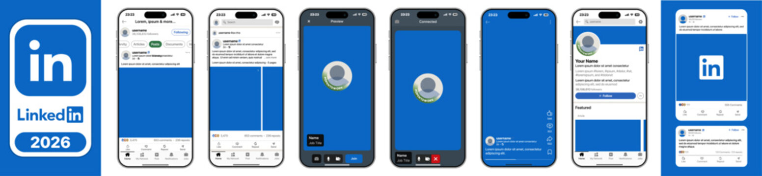 LinkedIn 2026 Mobile App UI Mockup Showing Carousel Post Feed Profile Screens Video Call Interface Blue Splash Screen and iPhone Professional Network Layout
