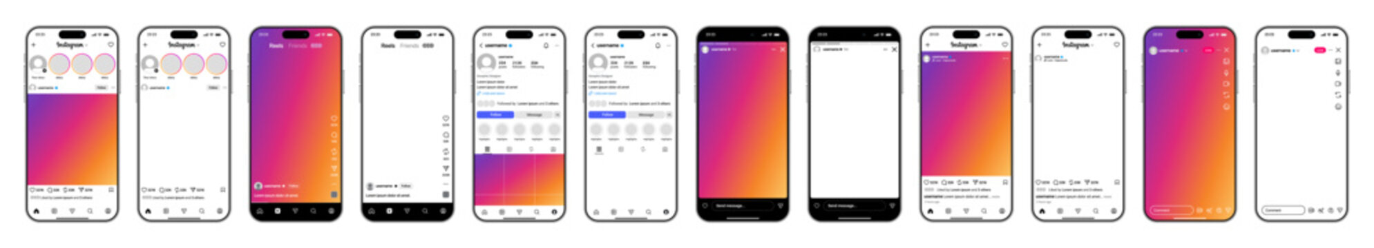 Instagram Post, Story, Feed, Reels, Profile, and Live Stream UI with Bio Section, Like, Comment, Follow Button, Username Header, Interactive Social Media Mobile Interface Mockup, vector illustration.