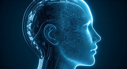 Obraz premium Futuristic Ai Head Profile with Glowing Blue Neural Network Overlay Against Dark Background