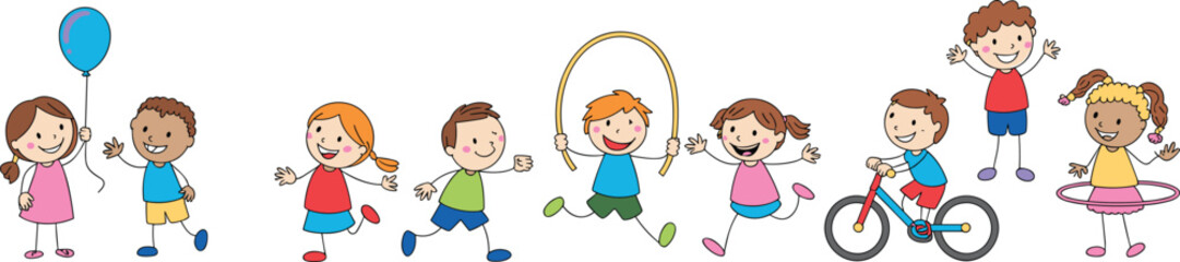Children playing with toys and laughing together outdoors kids balloon hula hoop © MSTSHARMIN