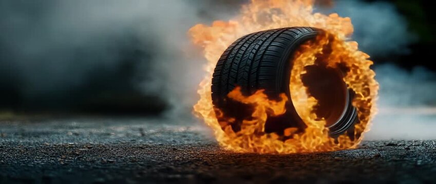 A car tire burns intensely on a dark, gritty surface. Flames engulf the rubber, creating a dramatic and dangerous scene.