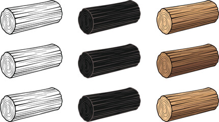 Wood Log Illustration Set, Cut Tree Trunk Timber Collection in Various Colors, Hand Drawn Vector Isolated on White for Forestry, Lumber and Nature Design © Aiub